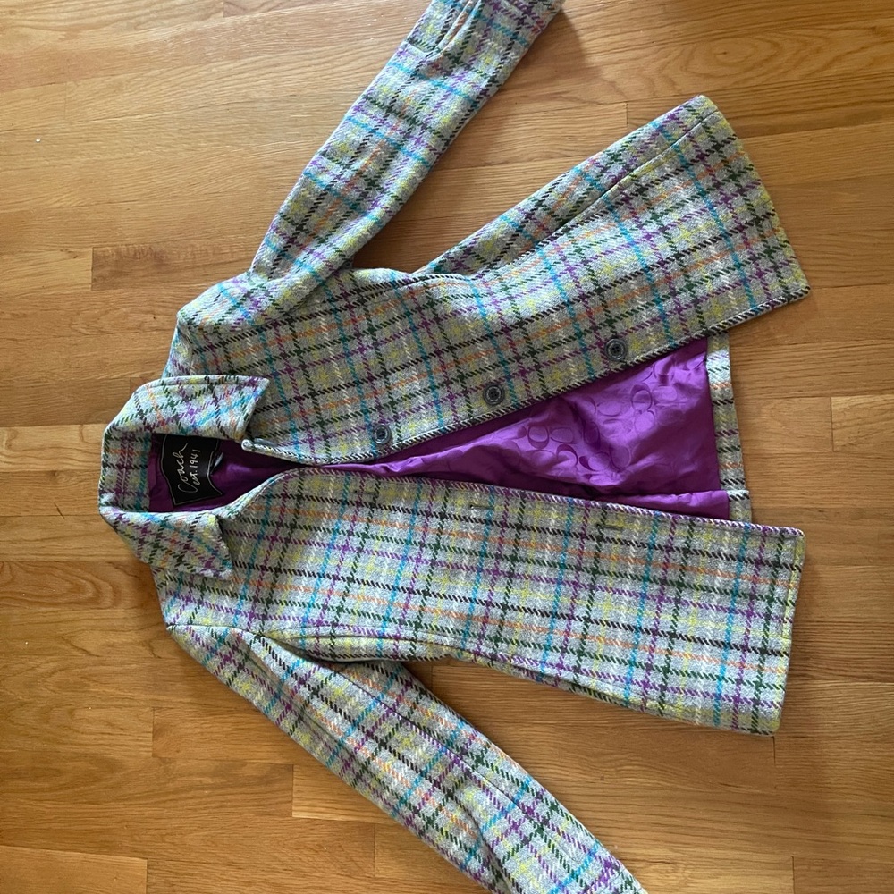 COACH Wool Purple and Gray Plaid Peacoat XS - Picture 3 of 7